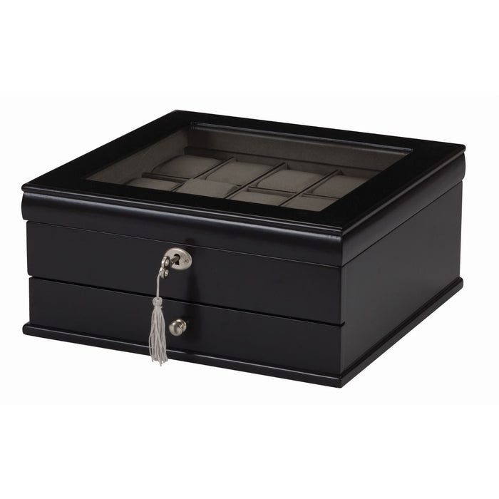 Mele & Co 15 Watch Box With Glass Viewing Lid & Lockable Wooden Watch Box