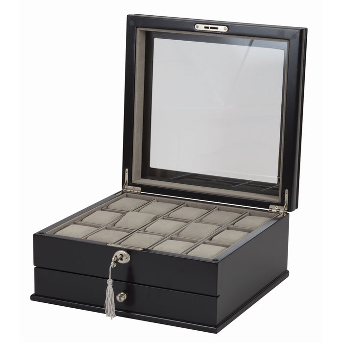 Mele & Co 15 Watch Box With Glass Viewing Lid & Lockable Wooden Watch Box