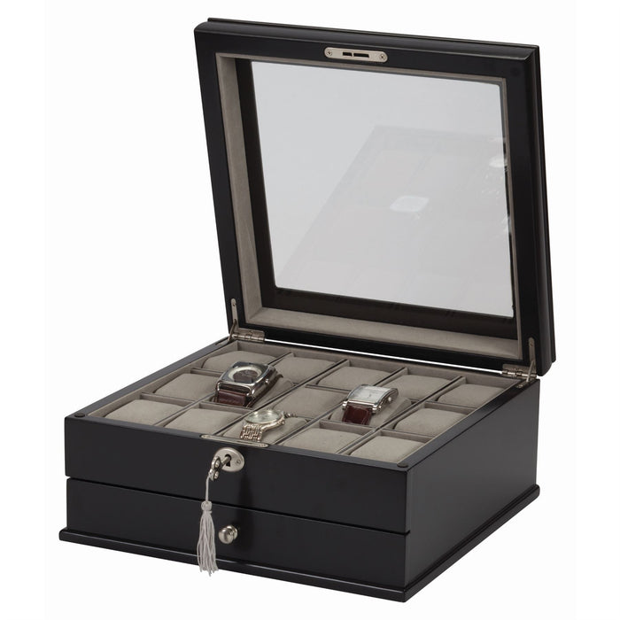 Mele & Co 15 Watch Box With Glass Viewing Lid & Lockable Wooden Watch Box